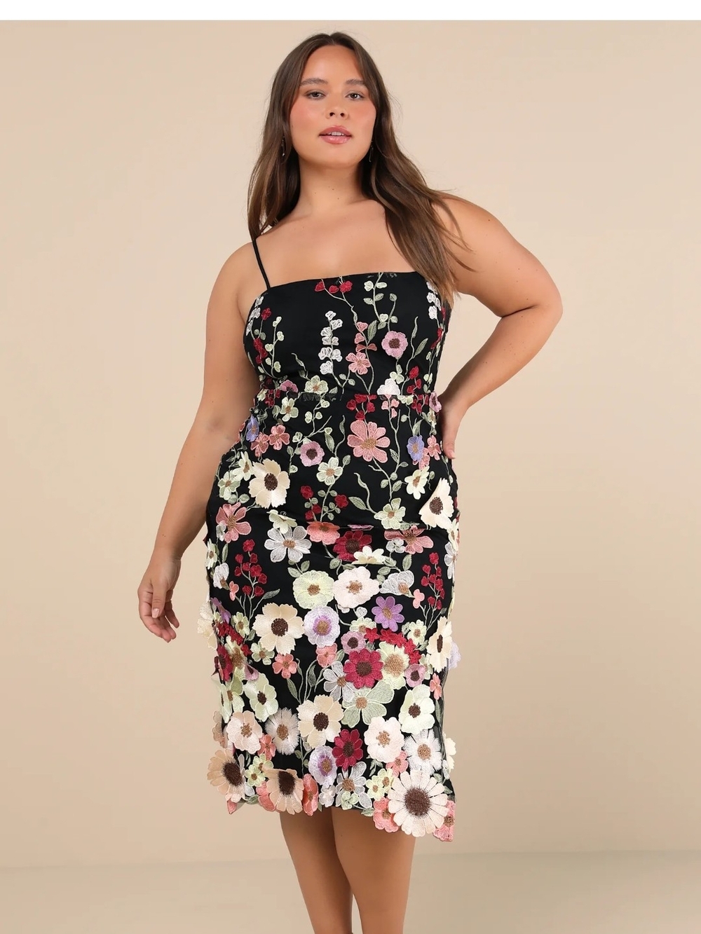 Lulu's Black 3D Floral Appliqué Spaghetti-Strap Midi Dress